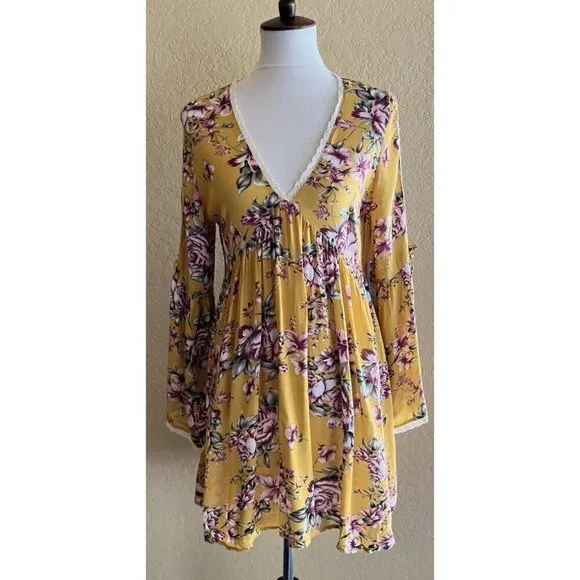 On The Road Womens Yellow V Neck Fit & Flar Garette Floral Dress Size L $120 - Picture 10 of 11